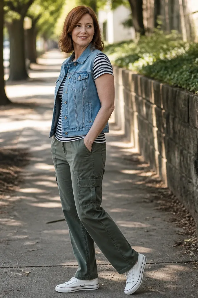 Denim vest top over a striped tee with olive cargo pants and white sneakers