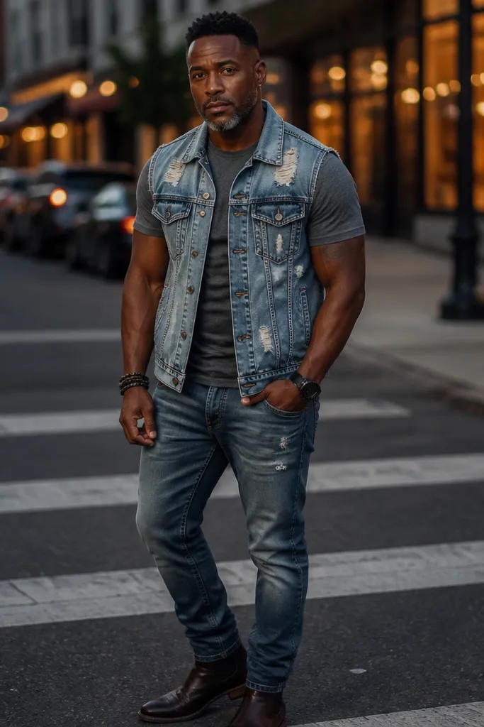 Medium denim vest top over a fitted gray tee with tapered jeans and dark boots