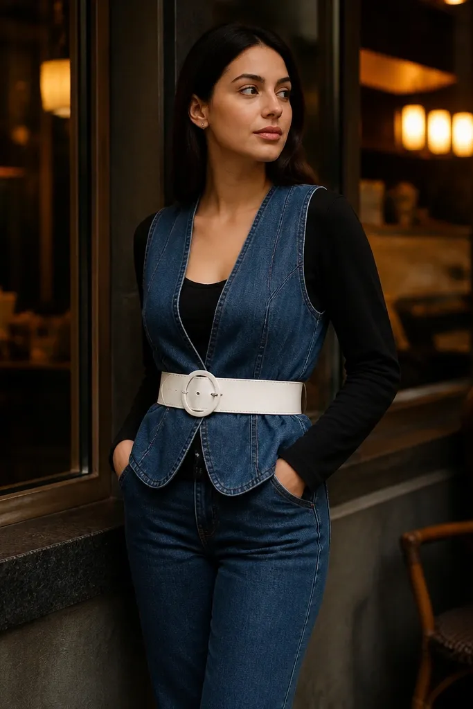Denim vest top over black long-sleeve with a white wide belt and straight jeans
