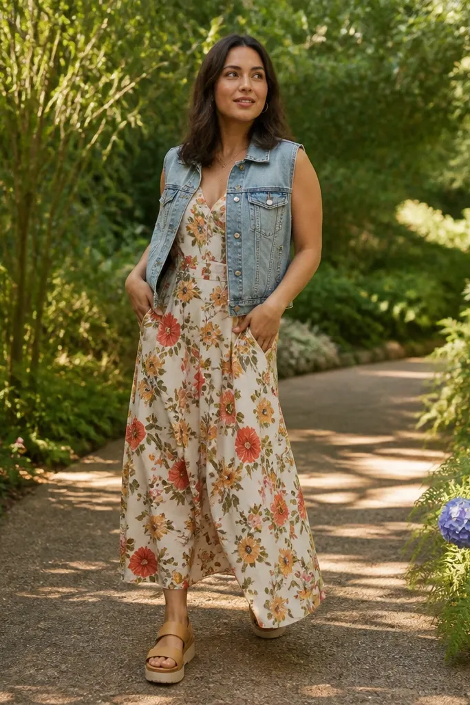 Denim vest top layered over a floral slip dress with chunky sandals