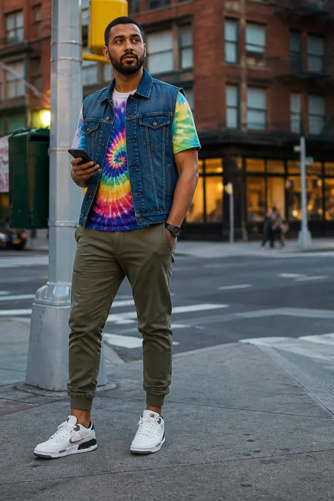 Denim vest top over a tie-dye tee with tapered joggers and retro sneakers