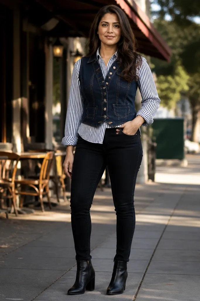 Denim vest top over a striped button-up with black skinny jeans and black boots