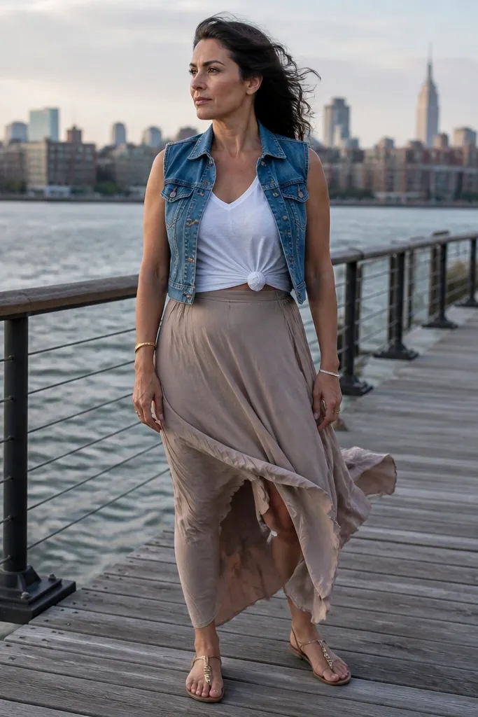 Denim vest top over a white tee tied at the waist with a long flowy skirt and sandals