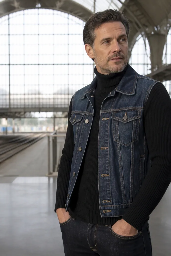 Denim vest top over a ribbed turtleneck with dark straight jeans and leather sneakers