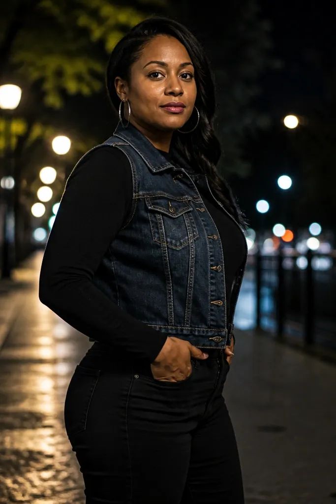 Denim vest top over a black top with black jeans and silver hoop earrings