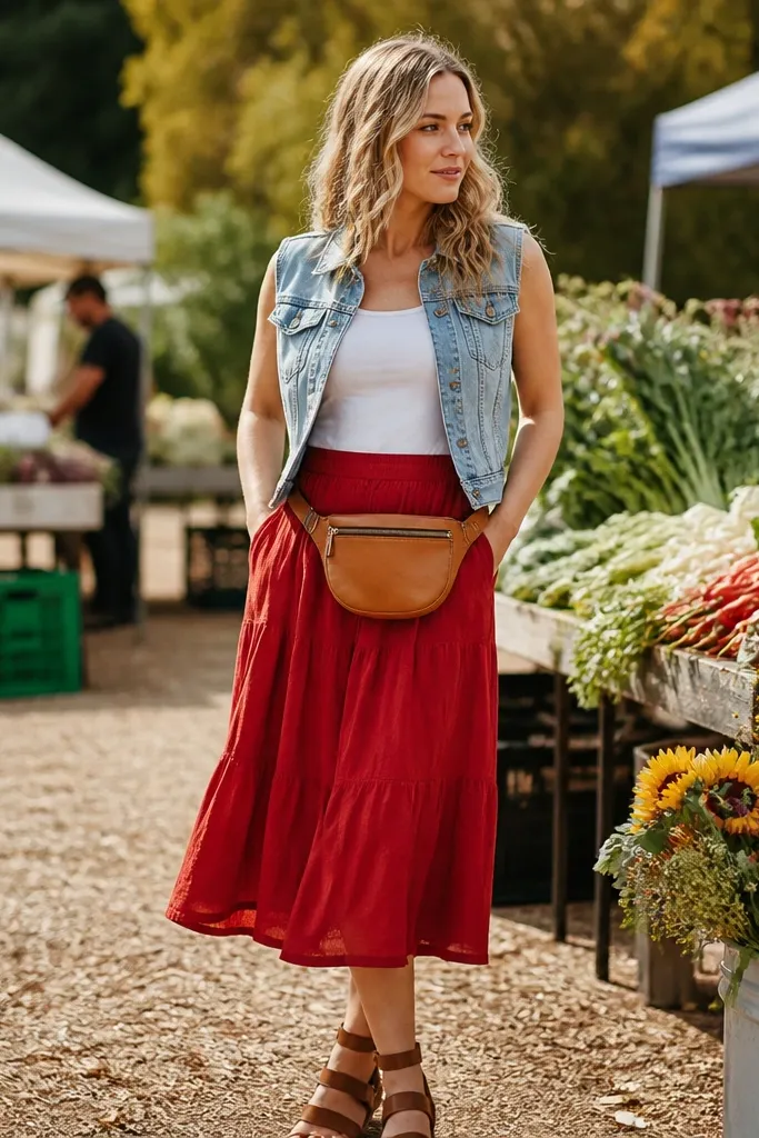 Denim vest top over a white tank with a red midi skirt and tan belt bag