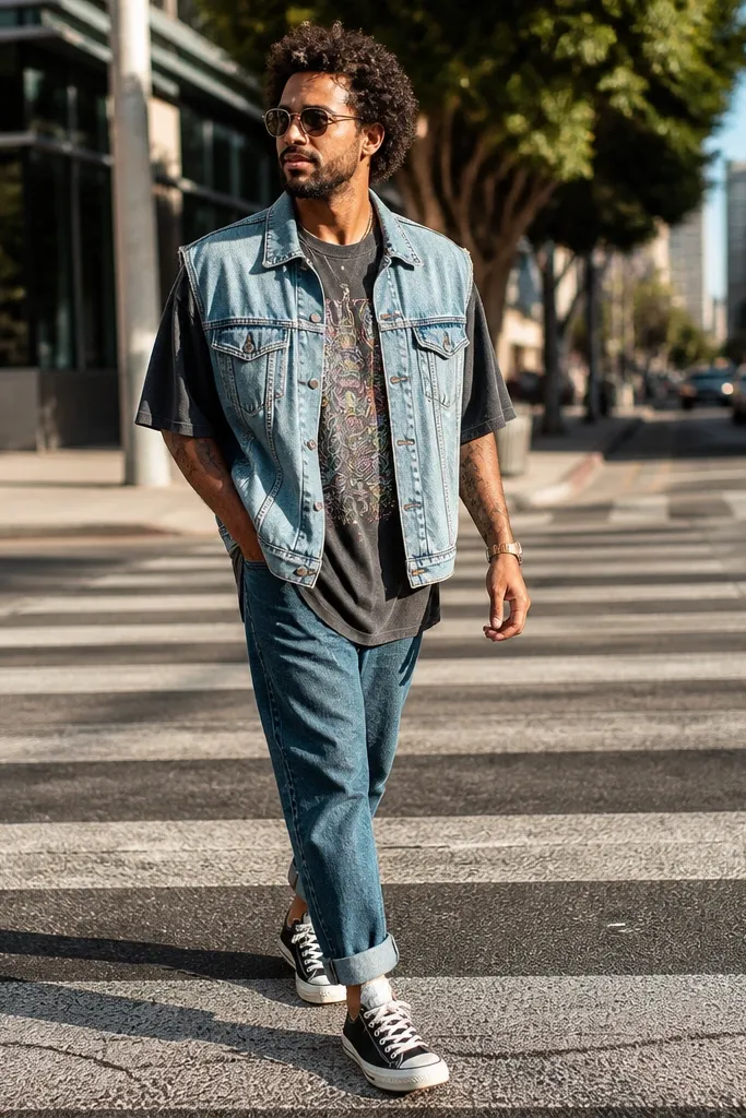 Denim vest top over an oversized graphic tee with cuffed straight-leg jeans and Converse