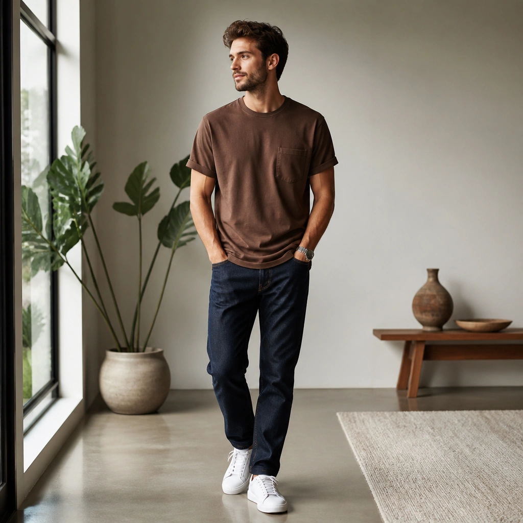 A brown t-shirt worn untucked over dark indigo jeans with a rolled sleeve, paired with clean white sneakers; a simple wristwatch is visible.