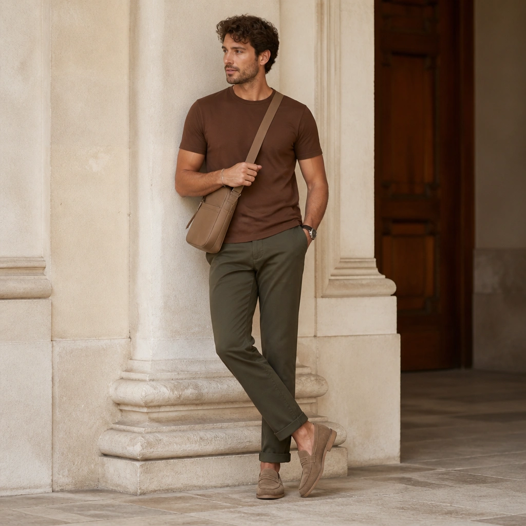 A model in a medium brown t-shirt with olive chinos and tan suede loafers; the look is completed with a crossbody bag in a warm neutral shade.