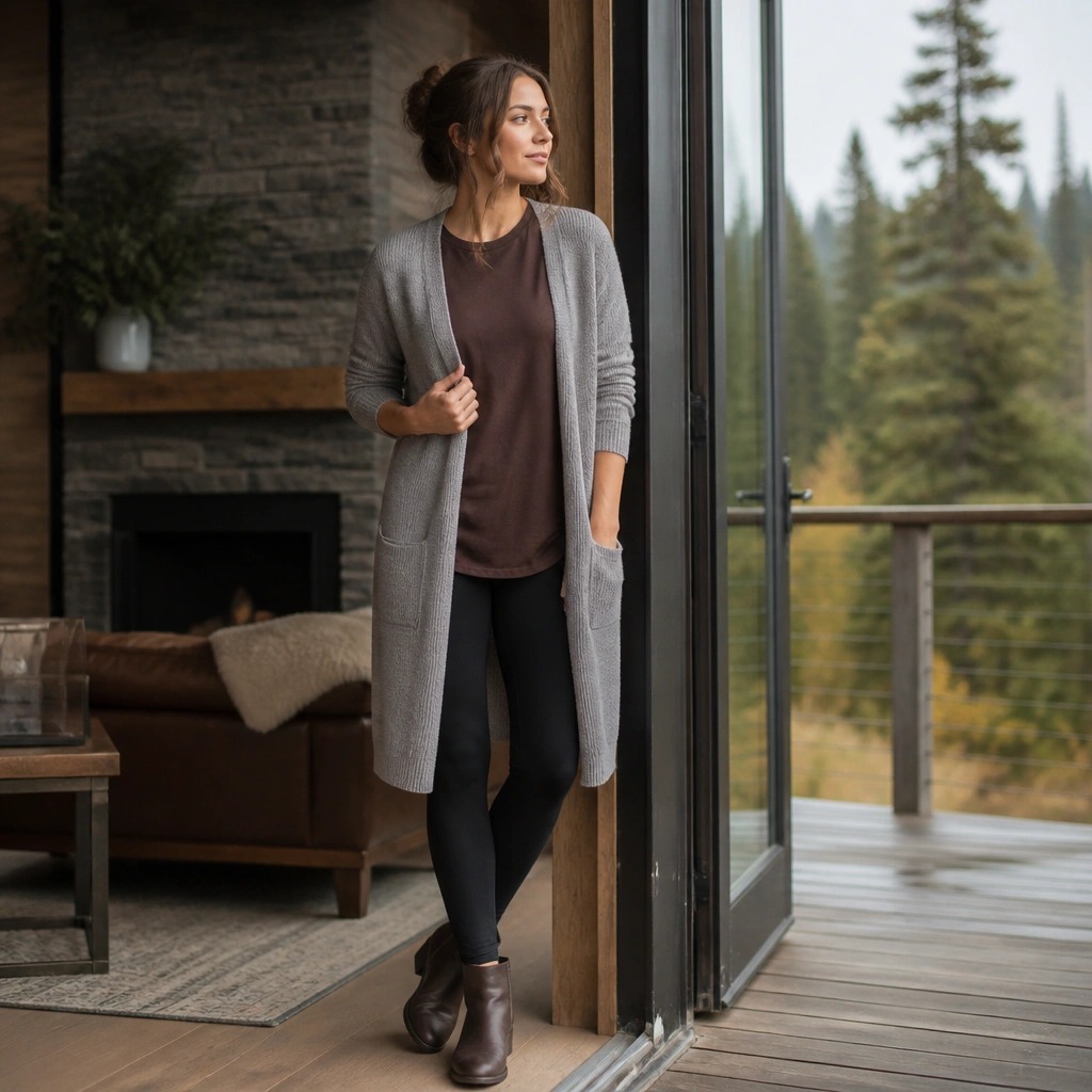 A chocolate-brown t-shirt layered under a longline heather-gray cardigan, worn with black leggings and ankle boots; the outfit is styled for a cozy indoor-outdoor look.