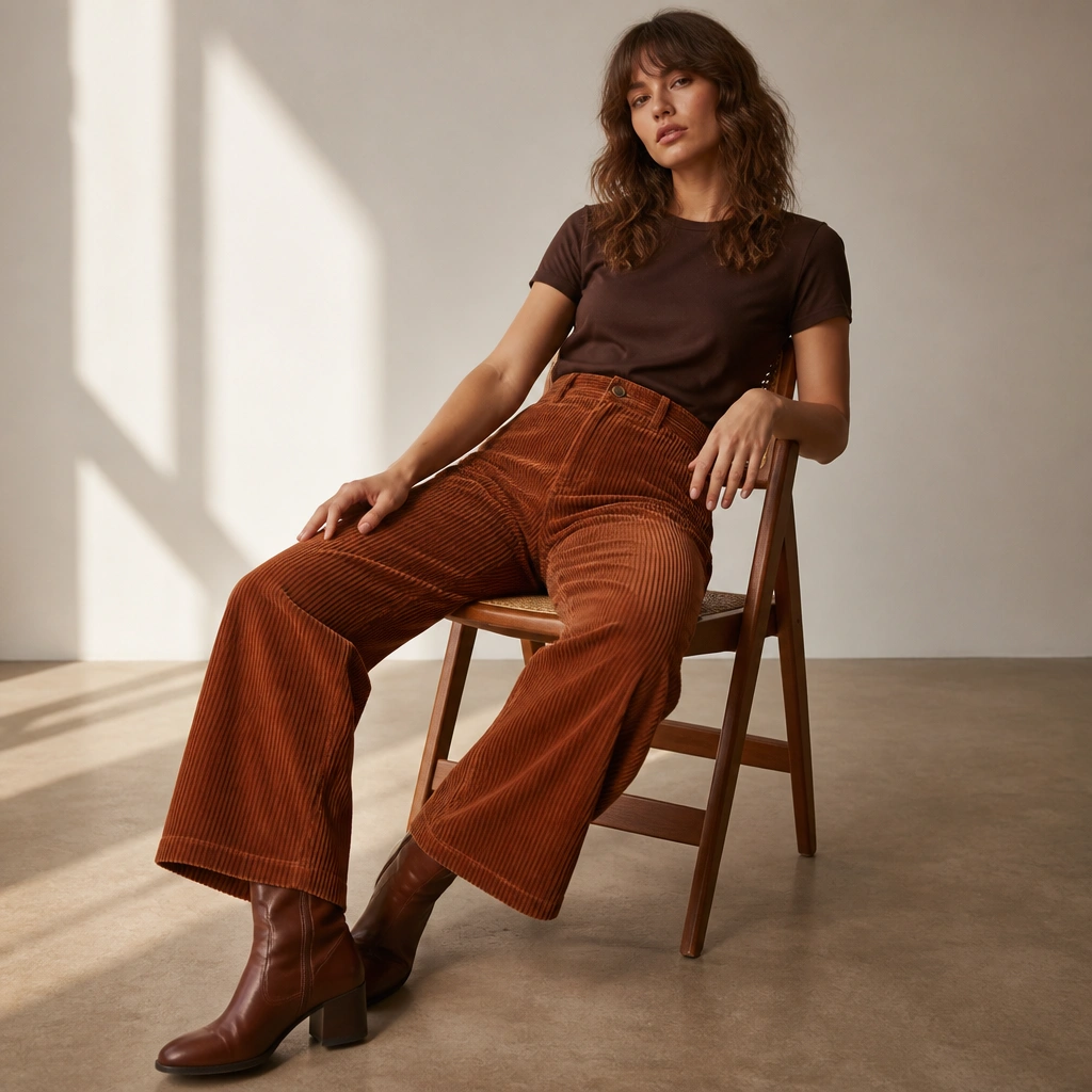 A model wearing a brown t-shirt with rust corduroy wide-leg pants, paired with brown leather boots; the lighting highlights the corduroy texture.