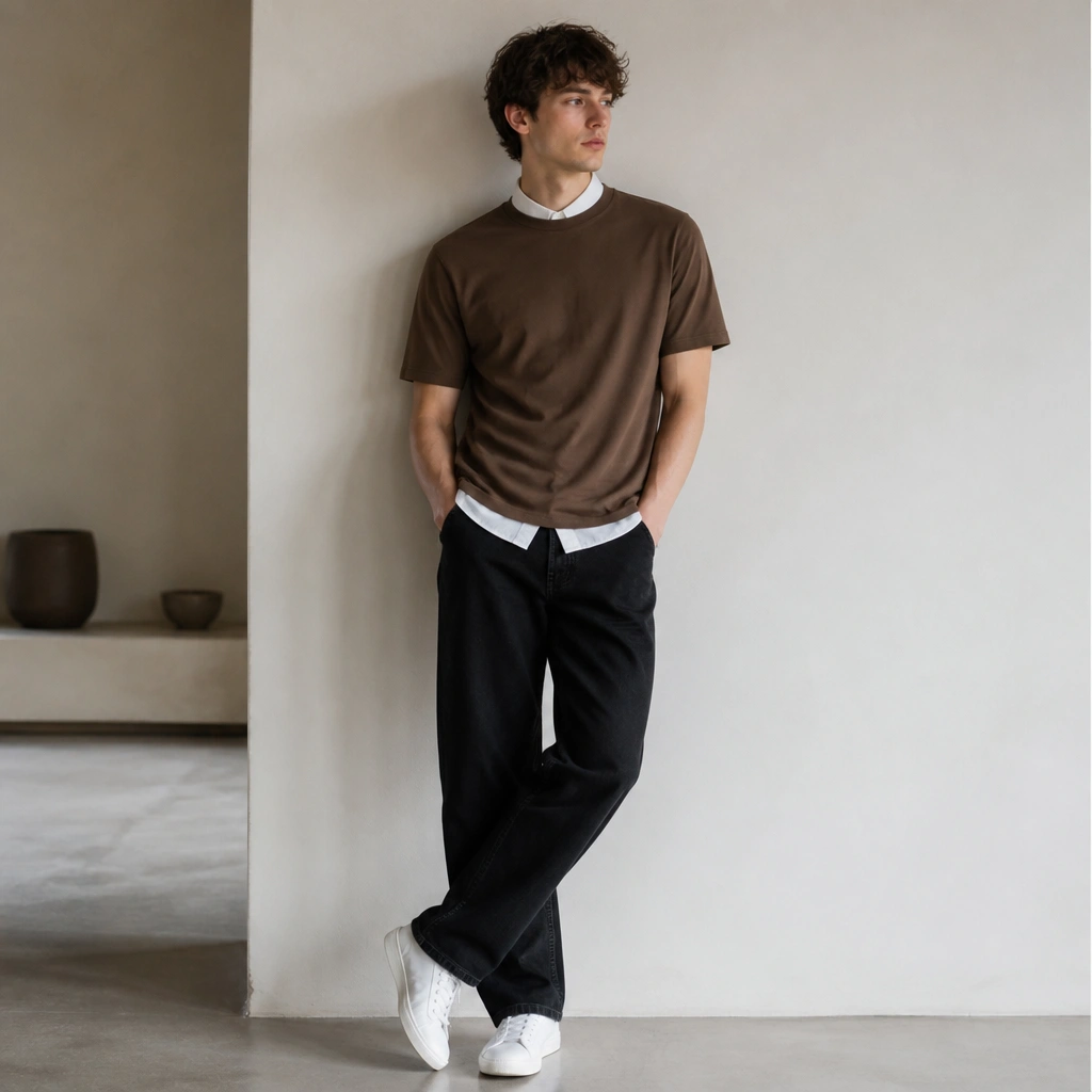 A brown t-shirt with a white button-up worn underneath so the collar and a bit of the placket show; paired with black straight jeans and white sneakers.