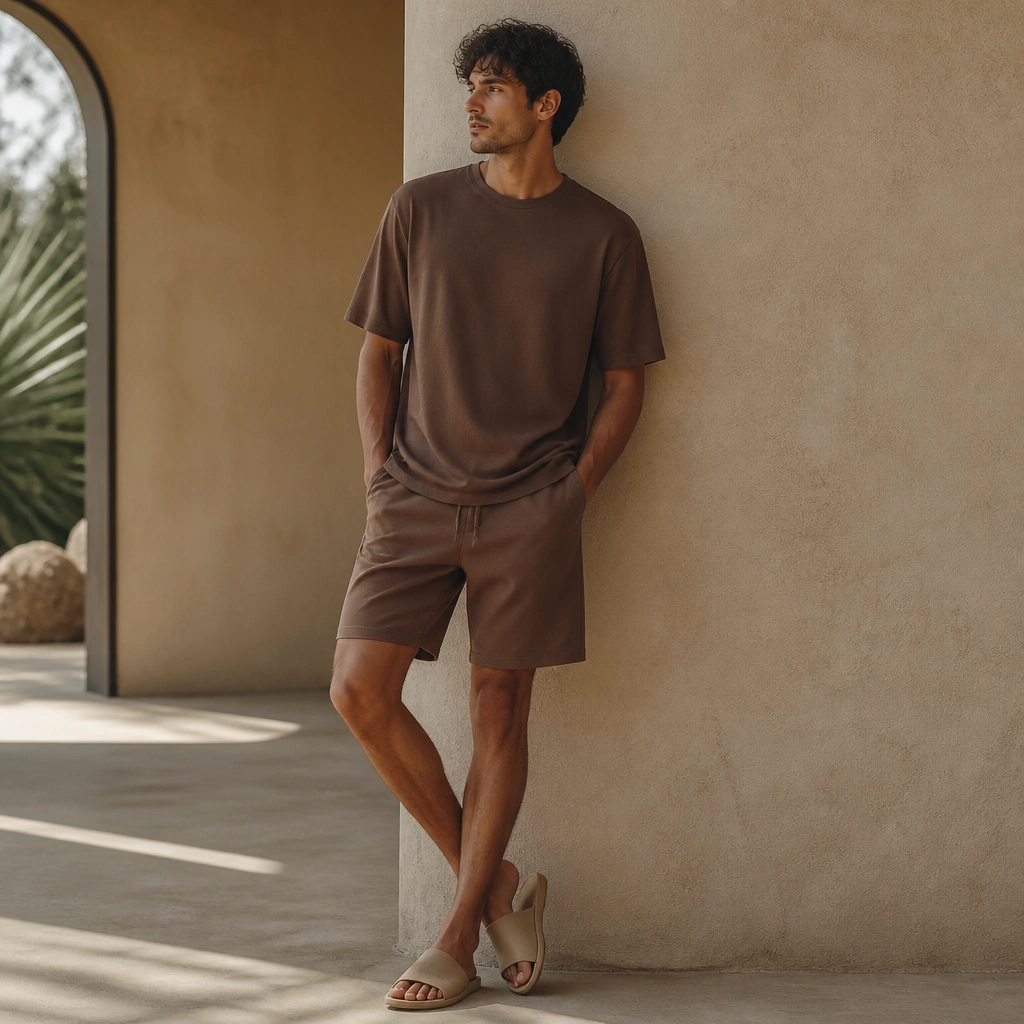A model wearing a mocha-brown t-shirt with matching brown shorts in a similar shade, plus light tan slides; the outfit looks coordinated and minimal.