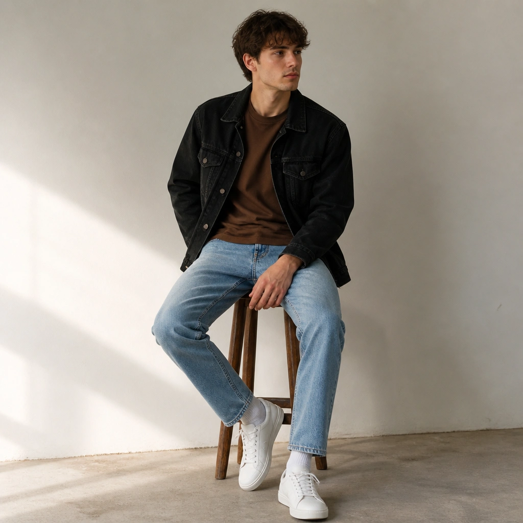 A model with a brown t-shirt under a black denim jacket, worn with light blue jeans and white sneakers; the jacket is unbuttoned.