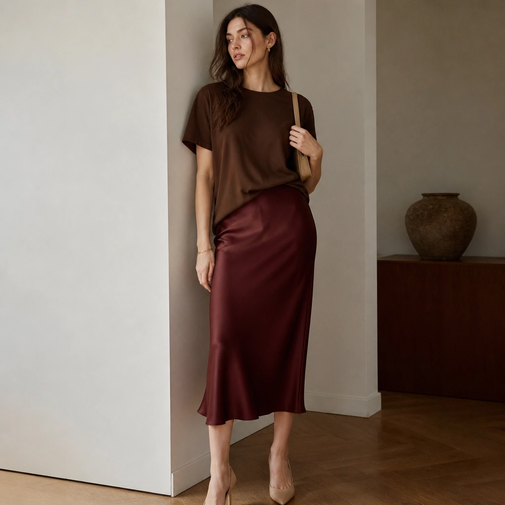 A model wearing a brown t-shirt half-tucked into a burgundy satin midi skirt, with nude heels and a small shoulder bag.