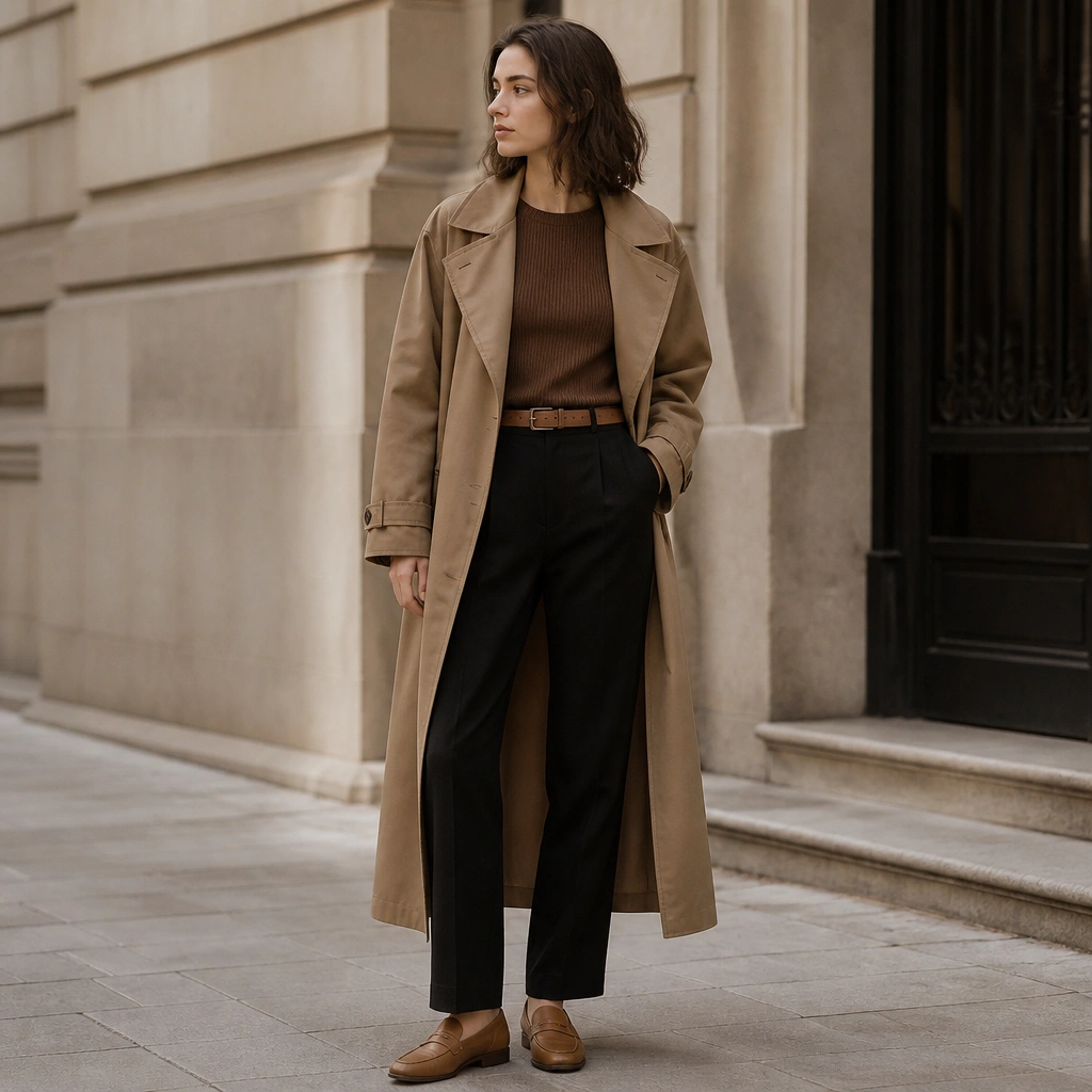 A ribbed brown t-shirt worn with straight black pants and a camel trench coat, plus tan belt and loafers; the coat collar is visible.