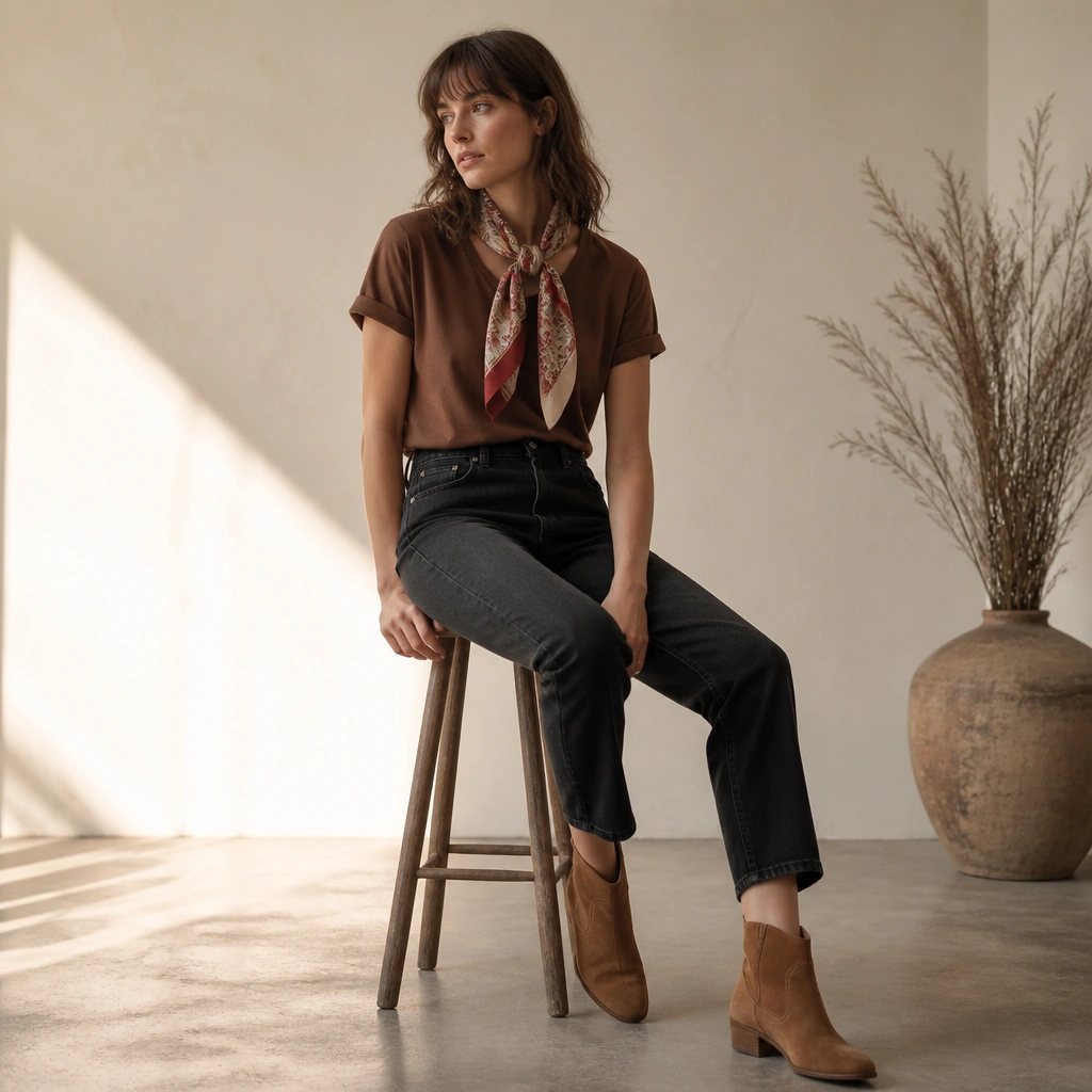 A model wearing a brown t-shirt with a patterned scarf tied around the neck, dark jeans, and tan ankle boots; the scarf has warm reds and creams.