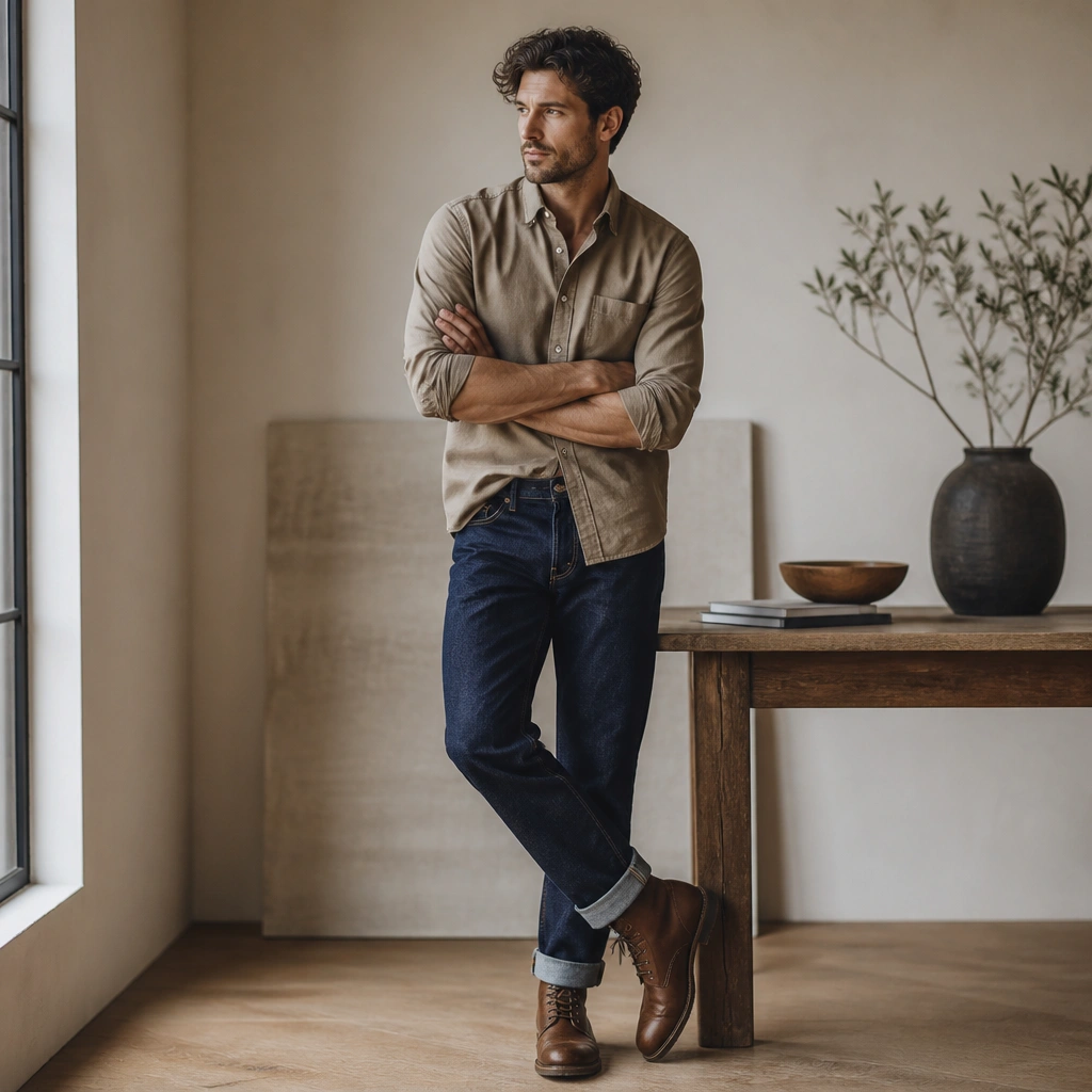 A light brown oxford shirt with sleeves rolled to the forearms, worn with dark indigo jeans and brown leather boots; the shirt is half-tucked at the front.