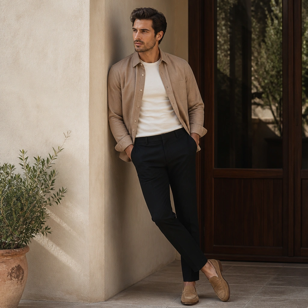 A light brown overshirt worn open over a fitted cream crewneck tee, with black slim trousers and tan suede loafers.