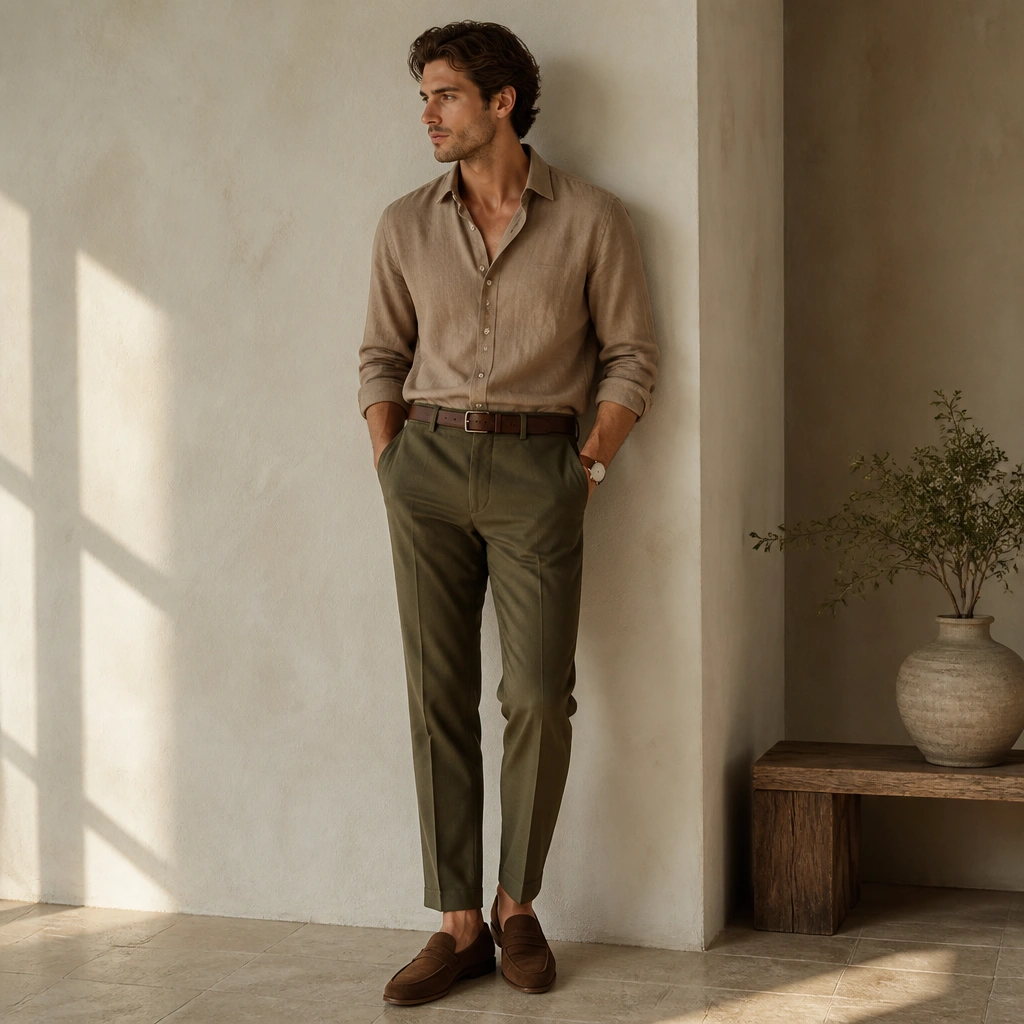 A light brown shirt tucked into olive tailored trousers, with a matching brown belt and suede loafers; the scene shows a simple wristwatch and minimal accessories.