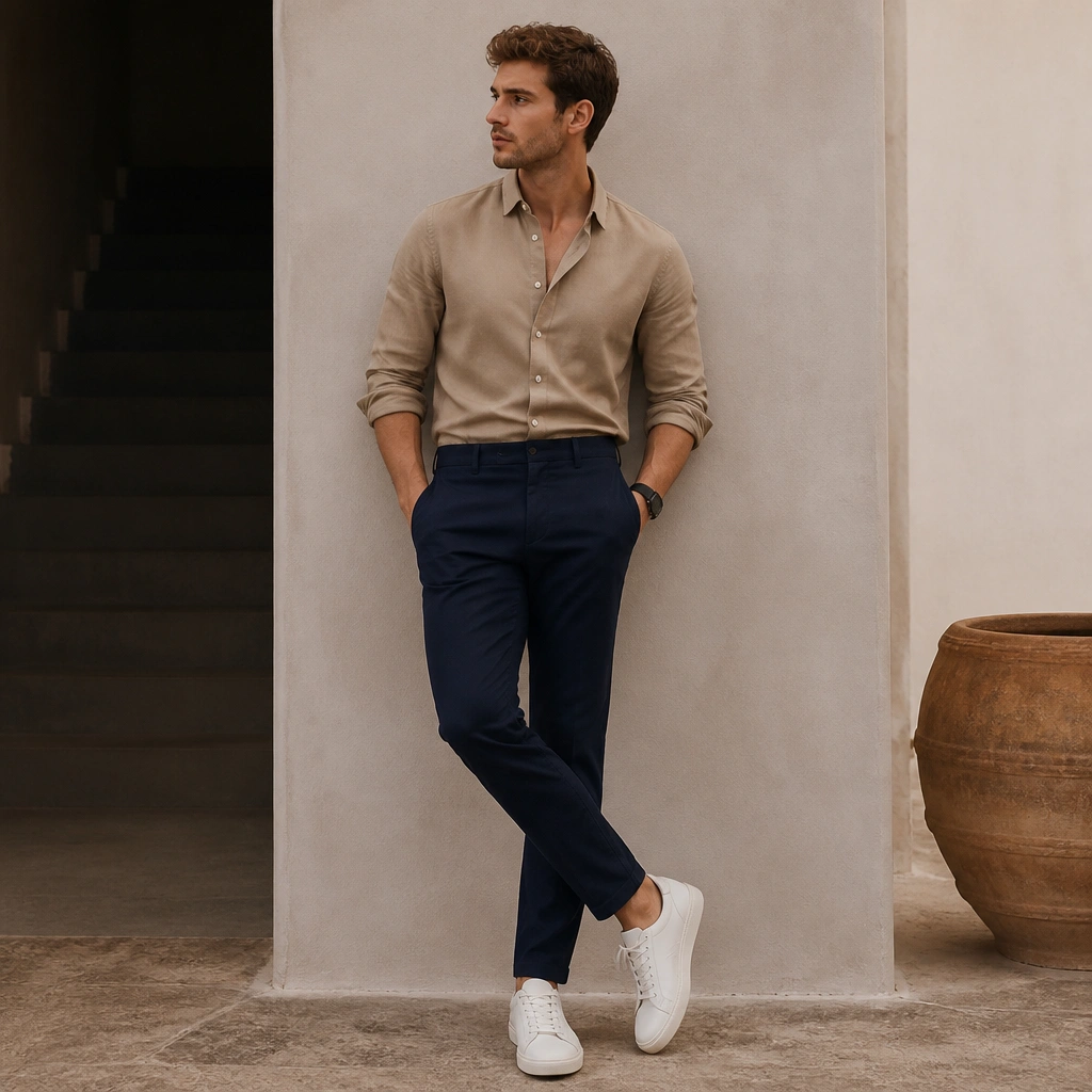 A light brown button-down shirt tucked into navy chinos with a neat collar, paired with white low-top trainers and a dark watch strap.
