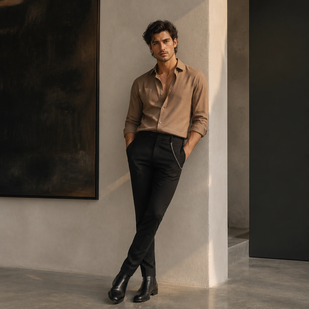 A light brown shirt buttoned to mid-chest (top button open), tucked into black slim trousers; black leather boots and a minimal chain detail are visible.