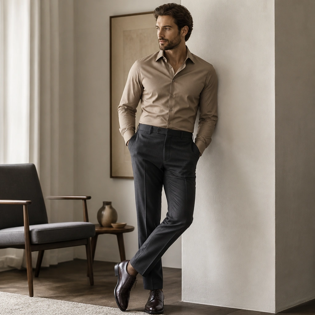 A light brown dress shirt tucked into charcoal wool trousers, paired with dark brown leather oxfords; the jacket is optional but the look is polished.