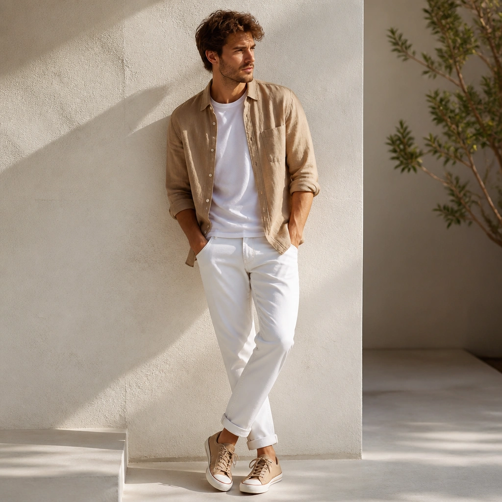 A light brown linen shirt worn unbuttoned over a white tee, with white jeans and tan canvas sneakers; sunlight highlights the fabric texture.