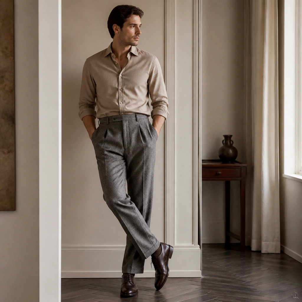 A light brown shirt tucked into gray flannel trousers with a subtle texture, paired with dark brown leather lace-ups; the outfit shows a clean, calm palette.