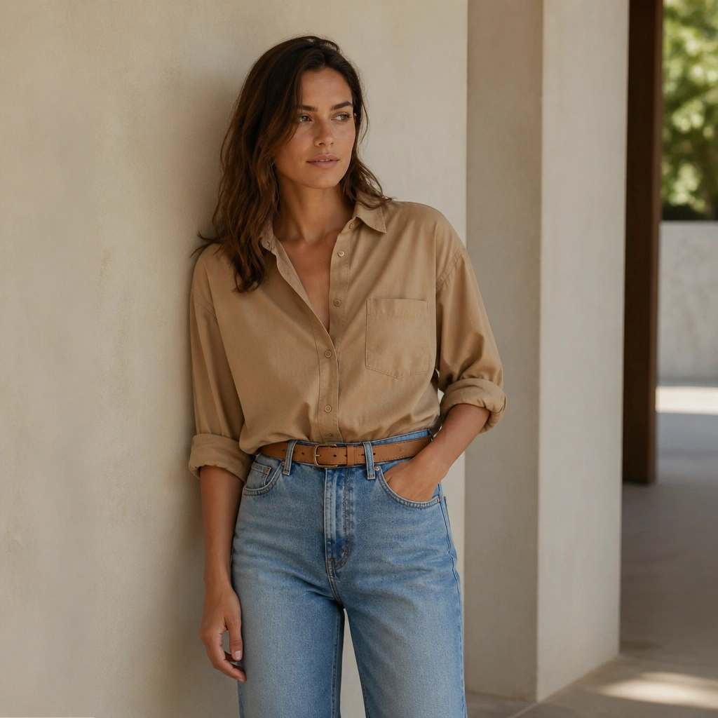 A light brown shirt with sleeves rolled, paired with medium-wash straight-leg jeans and a tan belt; the outfit shows a casual but structured vibe.