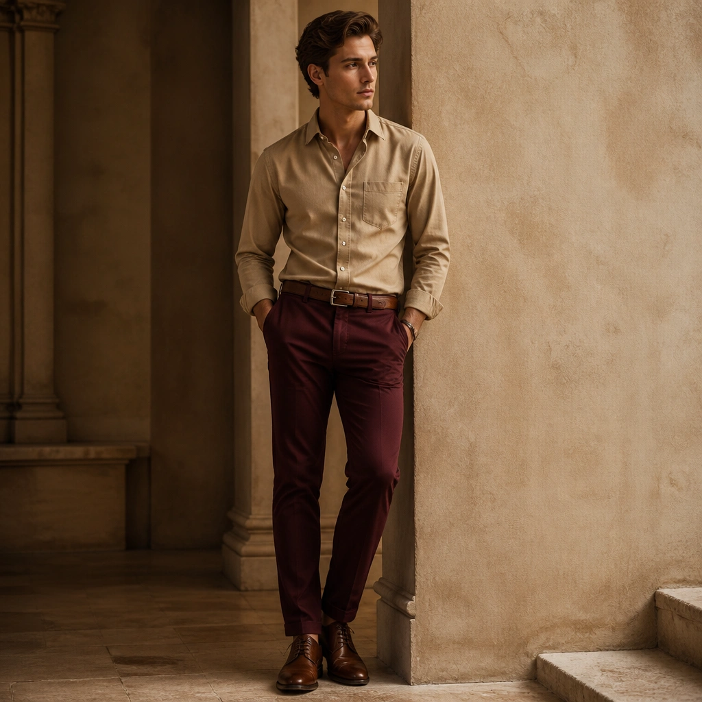 A light brown shirt tucked into burgundy chinos with a cognac belt and brown leather shoes; the lighting makes the burgundy look deep and warm.