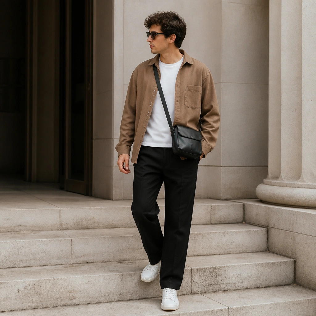 A white crewneck tee under a light brown overshirt worn open, paired with black straight-leg pants and white sneakers; a crossbody bag is visible.