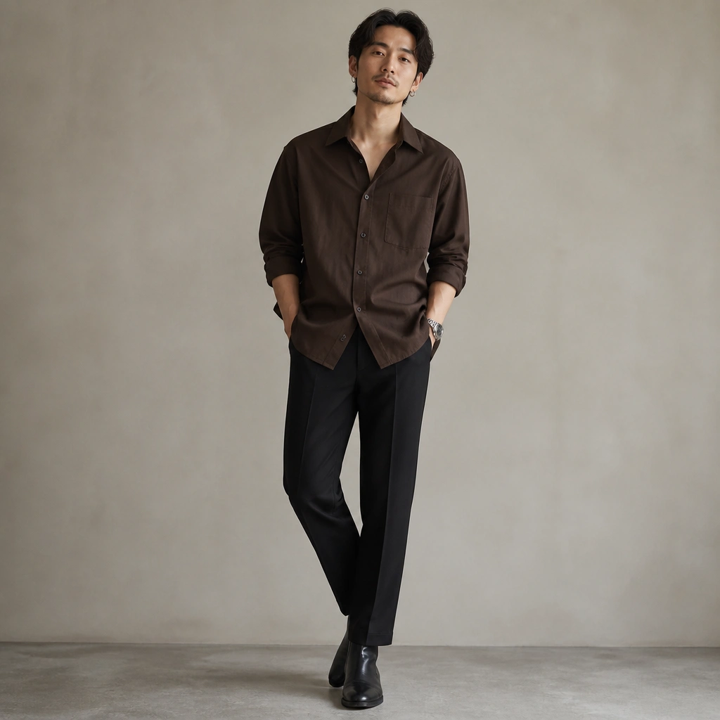 A dark brown shirt worn untucked over black straight-leg trousers with a subtle vertical seam; a silver watch and small hoop earrings; black leather ankle boots in a studio shot.