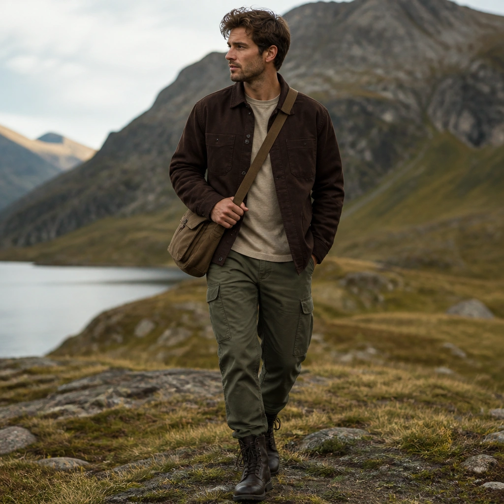 A dark brown overshirt layered over a neutral tee, paired with olive utility pants and rugged lace-up army boots; a crossbody bag and natural outdoor background.