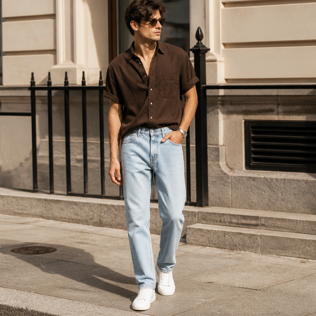 A dark brown short-sleeve or rolled-sleeve shirt worn half-tucked into light washed jeans, paired with clean white low-top sneakers; bright daylight, casual street style framing.