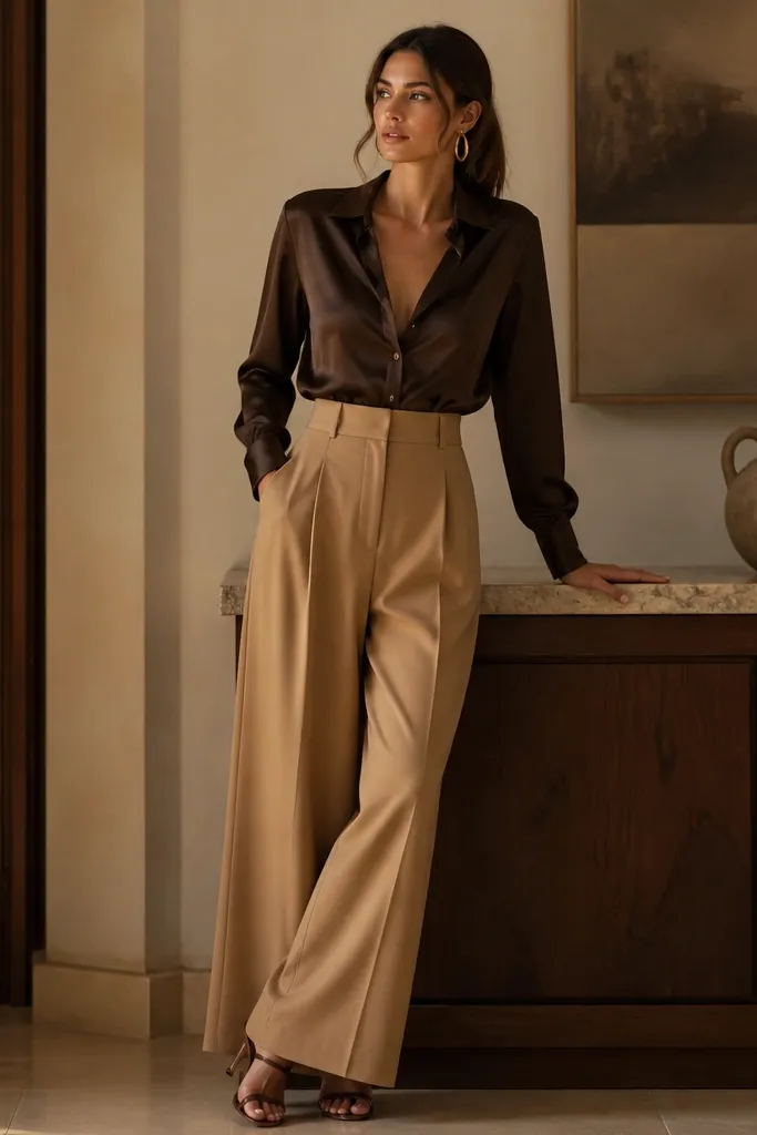 A dark brown satin or silky shirt tucked into camel wide-leg trousers, with gold hoop earrings and heeled sandals; warm indoor lighting and a polished styling feel.