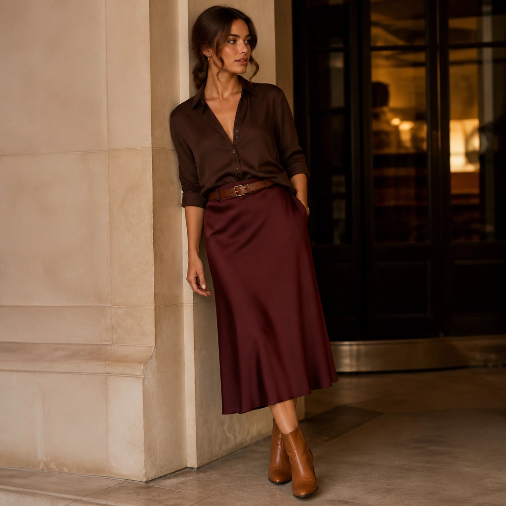 A dark brown button-up worn partially tucked into a burgundy midi skirt; brown leather belt, tan ankle heels, and soft makeup in a warm evening setting.