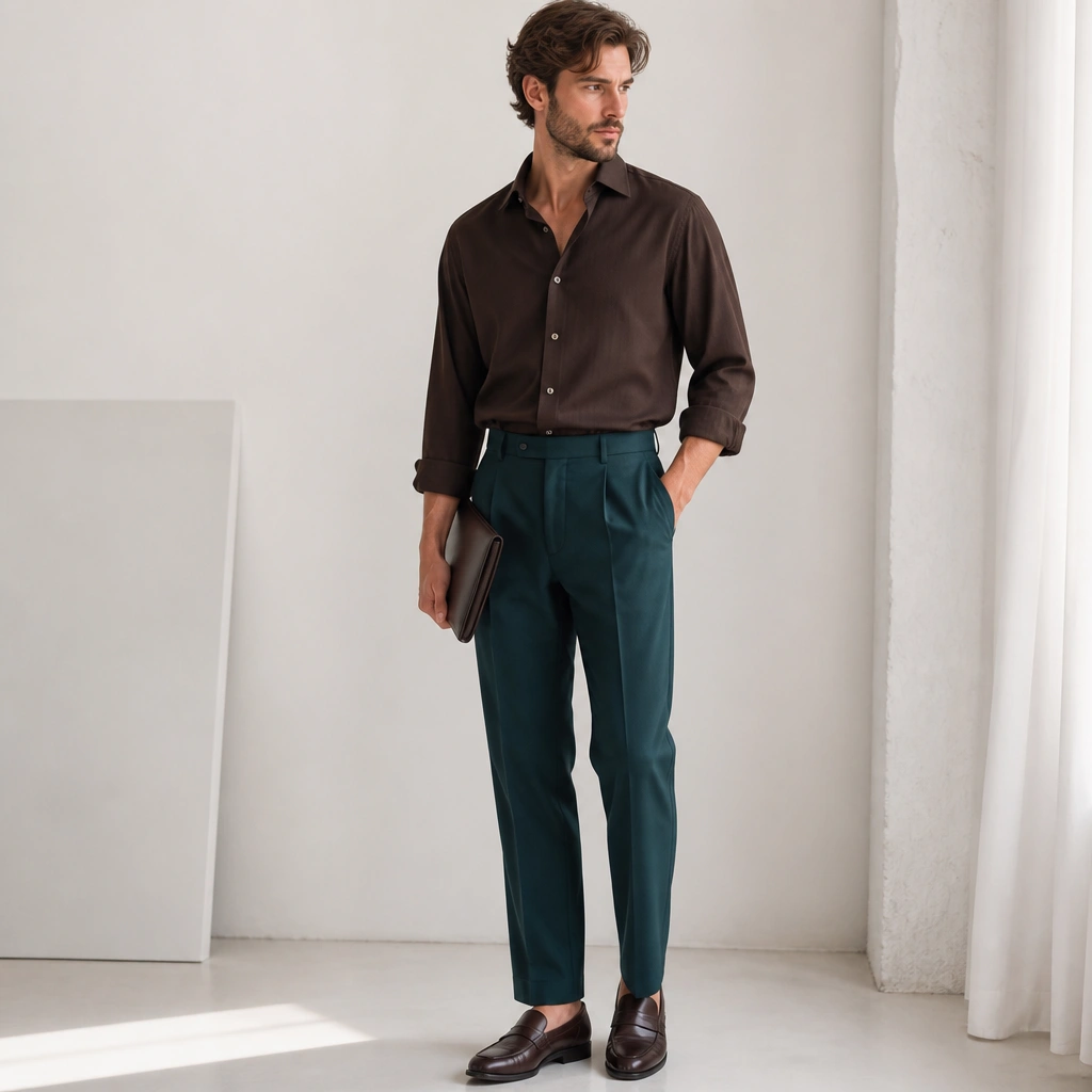 A dark brown shirt tucked into deep teal trousers; teal is slightly textured; brown leather loafers and a minimal clutch in a bright studio photo.