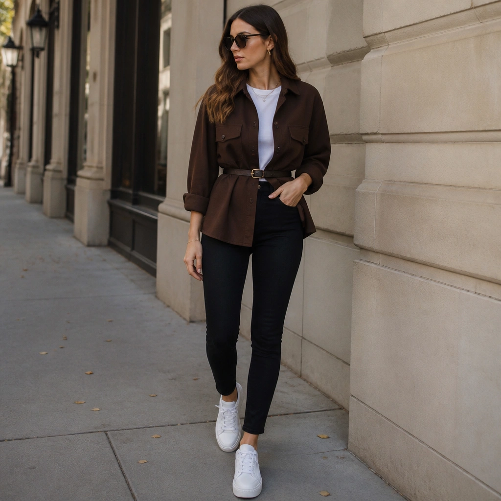 A dark brown overshirt worn over a white fitted tee; the overshirt is belted at the waist with a slim belt; black skinny jeans and white sneakers; outdoor sidewalk shot.