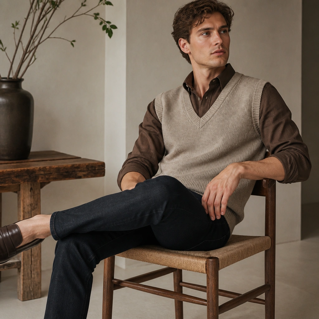 A dark brown button-up worn under a light mocha knit sweater vest; sleeves are rolled; the look is paired with dark jeans and loafers.