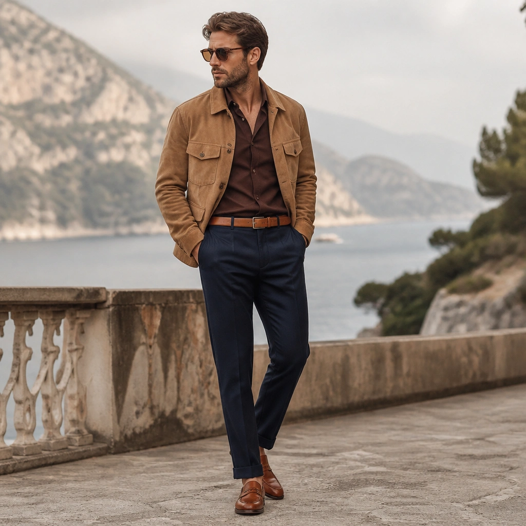 A dark brown shirt tucked into navy trousers, layered under a tan suede jacket; tan belt and brown leather loafers; coastal outdoor background with soft haze.