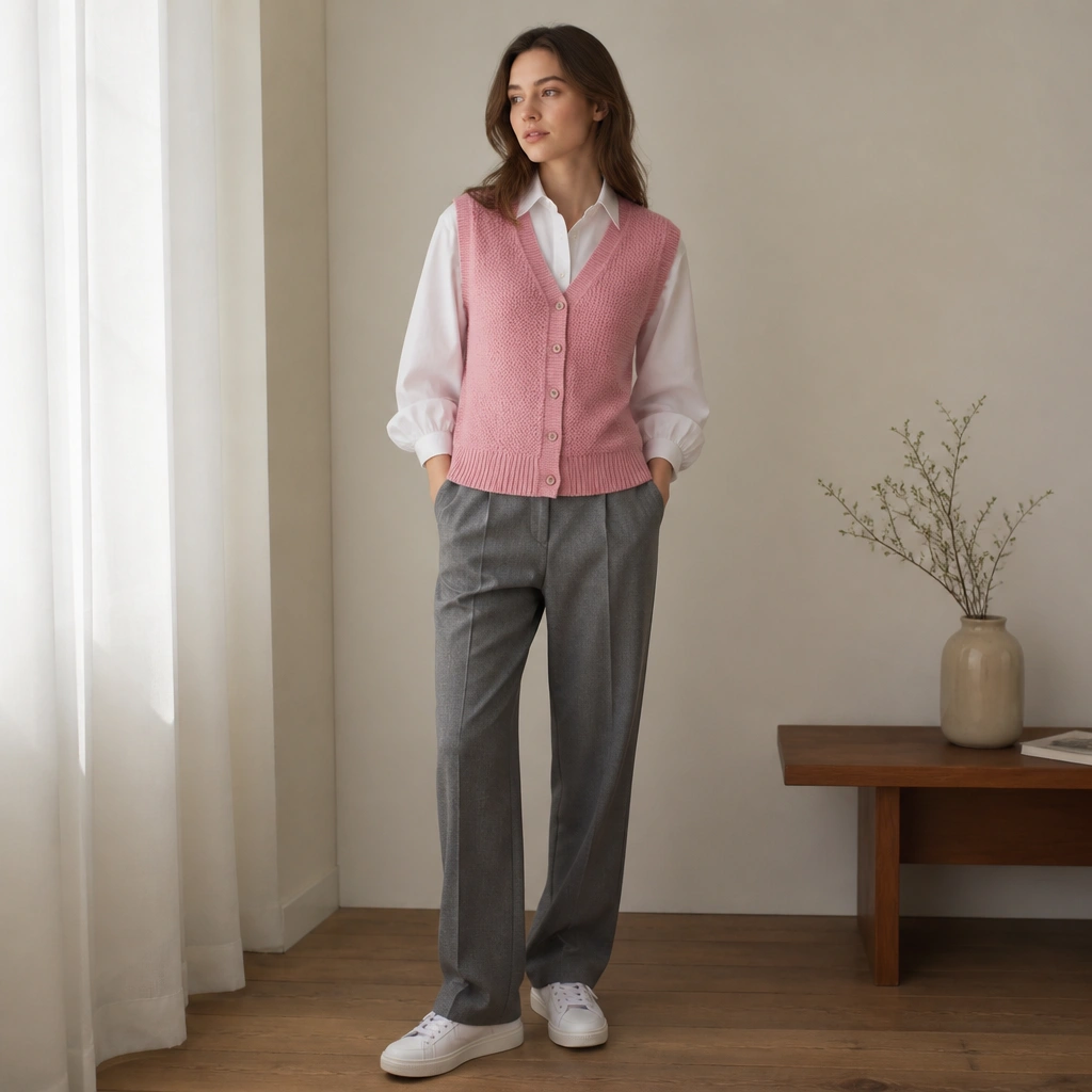 A pink sweater vest over a crisp white button-down with sleeves slightly puffed, worn with straight-leg gray trousers and white sneakers; the vest is centered and buttoned.
