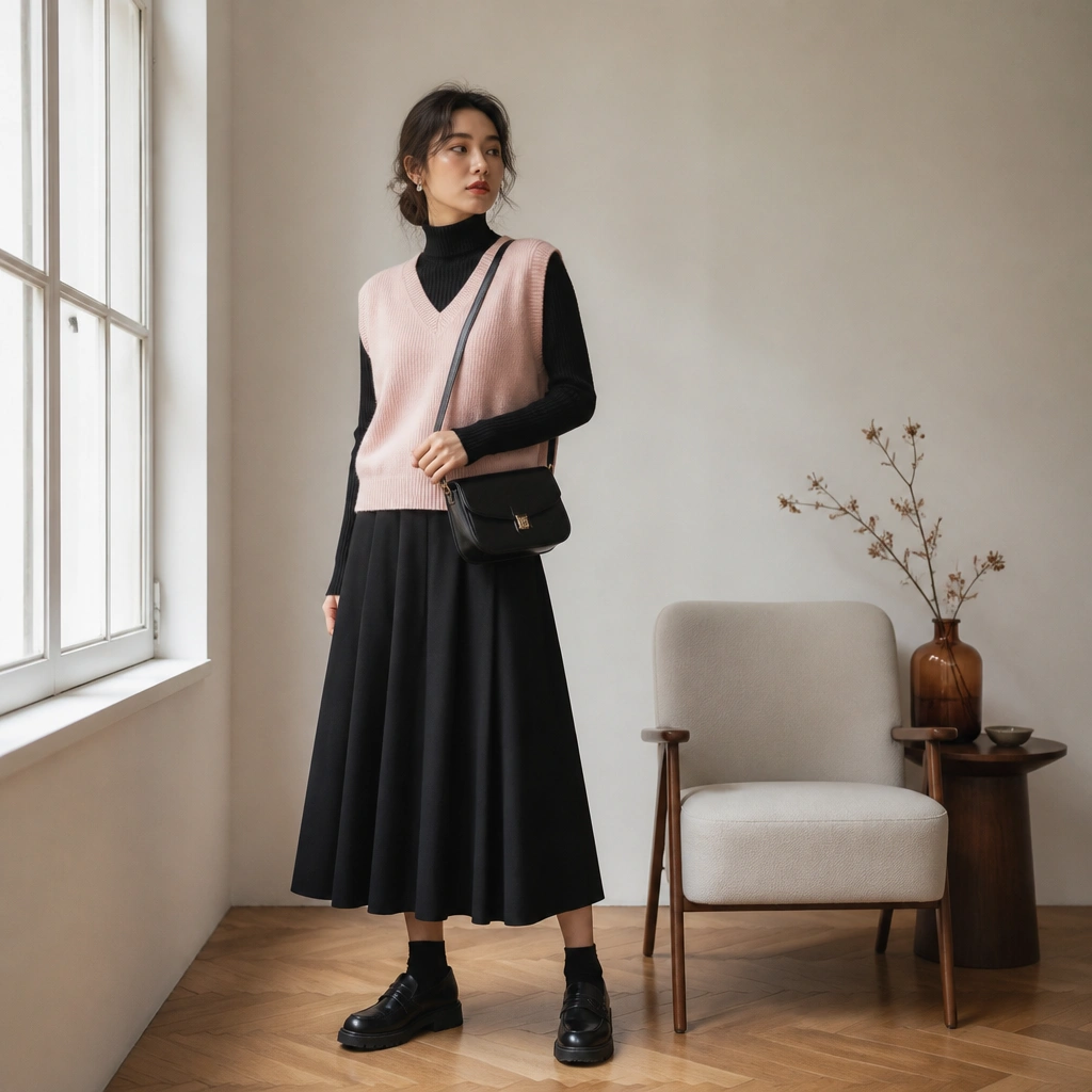 A blush pink sweater vest over a black ribbed turtleneck, styled with a black midi skirt and chunky loafers; a crossbody bag sits at hip level.