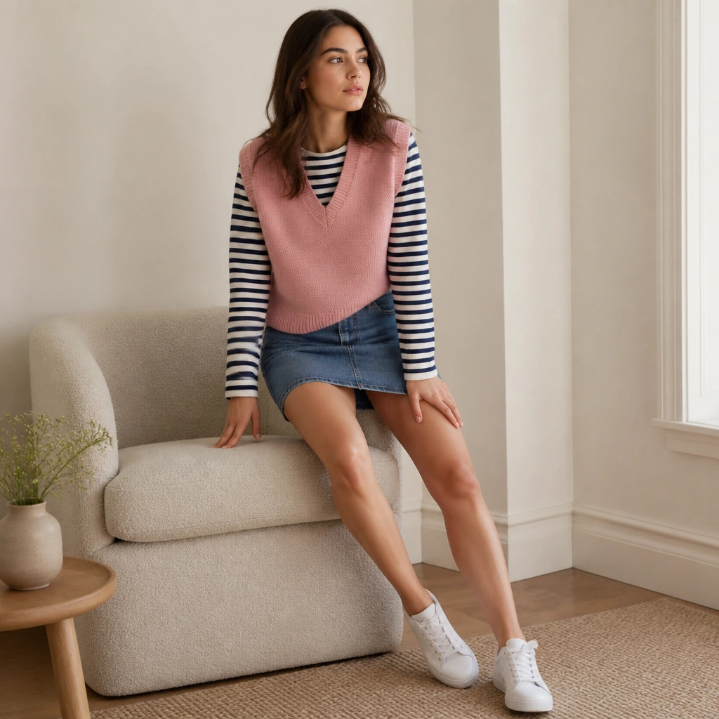 A pink sweater vest layered over a navy-and-white striped long-sleeve top, paired with a medium wash denim mini skirt and white low-top sneakers.