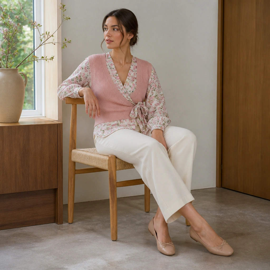 A blush pink sweater vest layered over a floral wrap blouse with a V-neck, paired with beige flats; the wrap tie is visible at the waist.