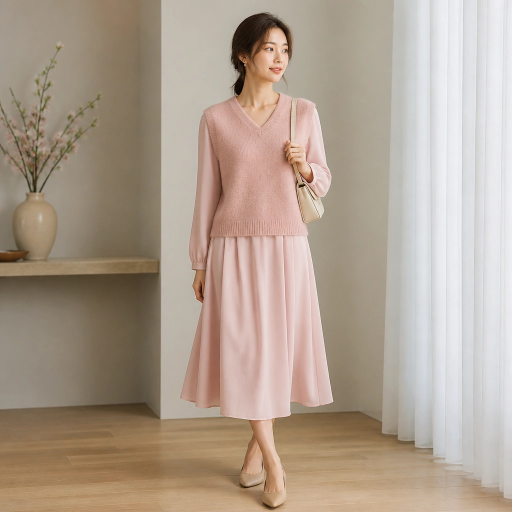A blush pink sweater vest worn over a lighter pink midi dress, with the dress neckline visible; the outfit is styled with nude flats and a mini shoulder bag.