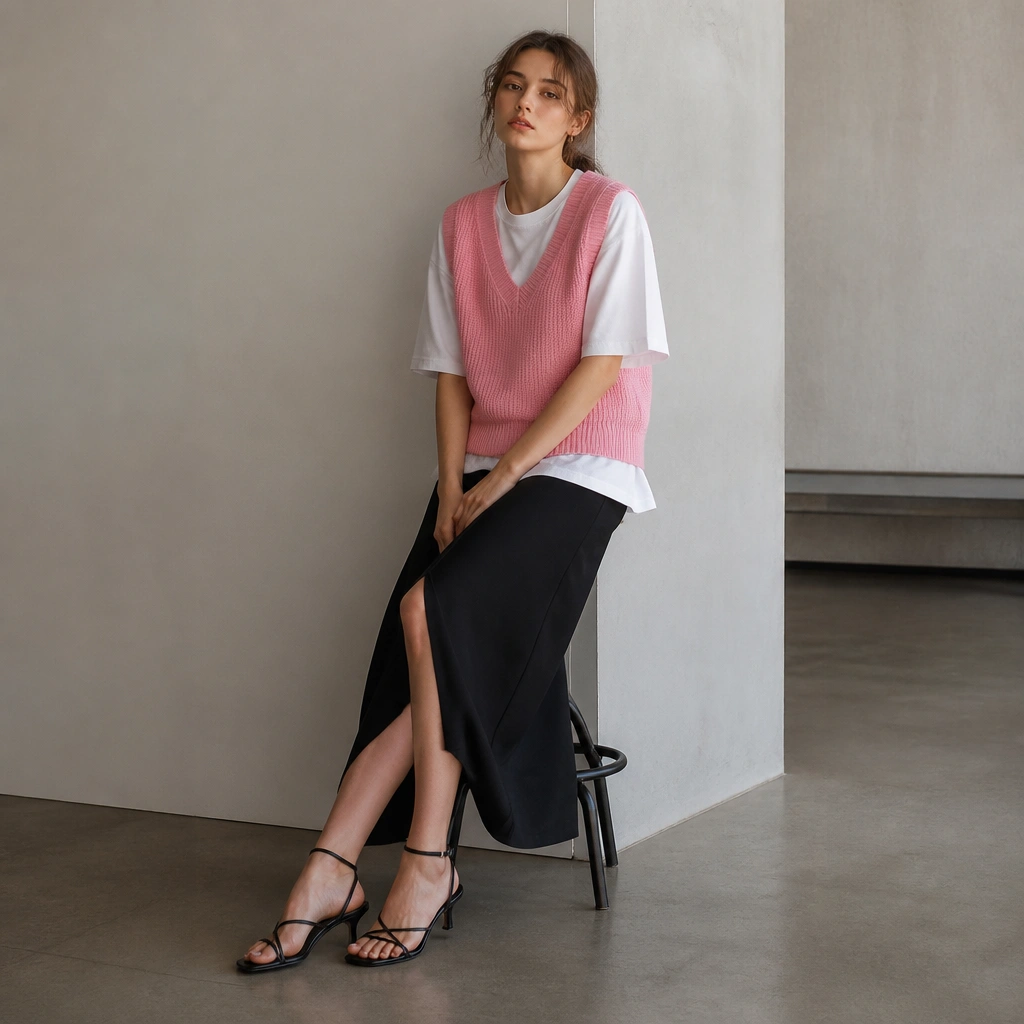 A pink sweater vest layered over an oversized white tee, paired with a black midi skirt with a slit; the hem of the tee peeks out and the outfit includes black strappy heels.