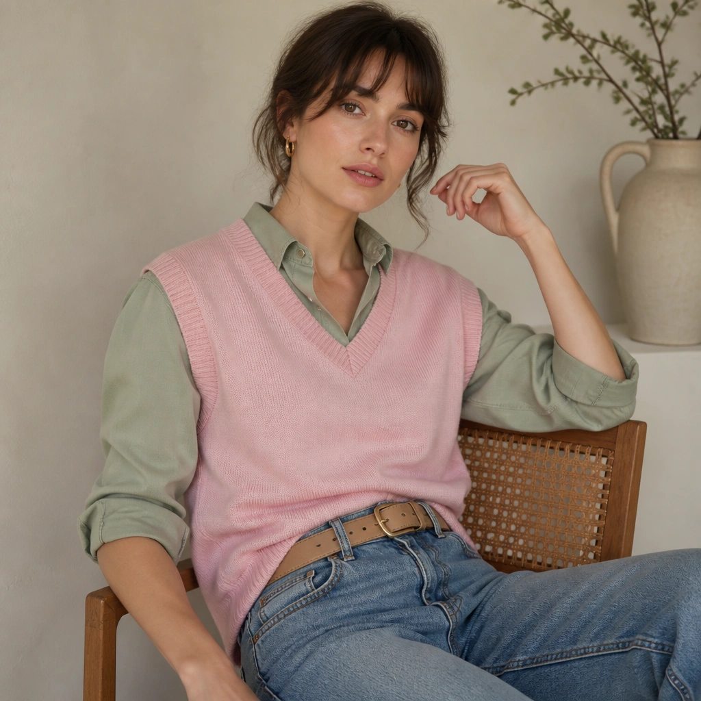 A pastel pink sweater vest over a sage green button-up shirt, paired with medium wash denim jeans; a tan belt and simple earrings complete the look.