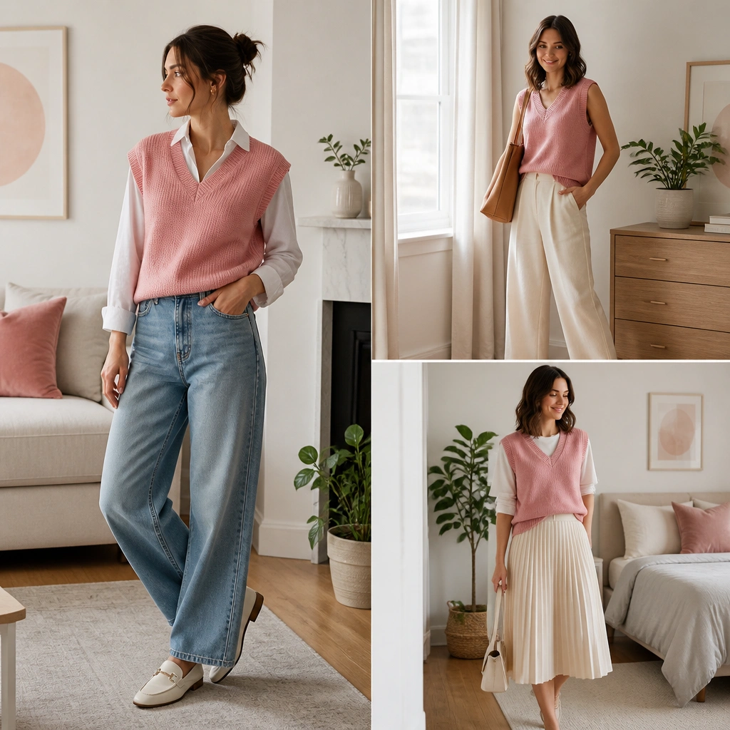 For Renters Pink Sweater Vest Outfit Ideas (No Drill)