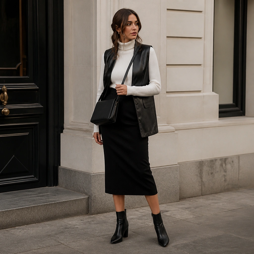 White ribbed turtleneck tucked into a black midi pencil skirt; black leather vest layered open over the turtleneck; sleek ankle boots and a structured crossbody bag.